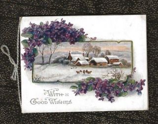Vintage Photo Enclosure Christmas Card Violets Pastoral Snow Scene Sheep Farm