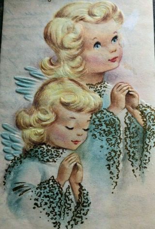 Lovely Blond Angel Girls Aqua Blue Wings Embossed Christmas Vtg Card