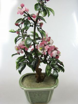 14 " Vintage Glass Jade Bonsai Sakura Cherry Blossom Tree Celadon Green Pot