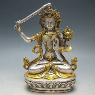 Chinese Silver Bronze Gilt Tibetan Buddhism Statue - - - Manjushri Buddha Sl