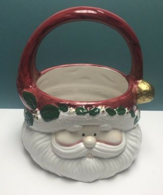 Rare Large Ceramic Santa Basket Christmas Holly 9 - 1/2 " X 8 "