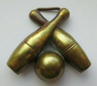 Awesome X Large Antique Vtg Brass Metal Button Bowling Sport Ball & Pins (k)