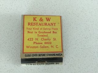 Vintage Full Matchbook,  K & W Restaurant Next To Greyhound Bus,  Winston - Salem