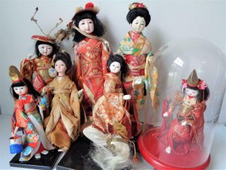 7 Antique Vintage Asian Japanese Dolls Geisha Lady Glass Dome Glass Eyes Bisque