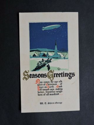 Rare 1920s Elbridge Tennessee Art Deco Christmas Card Zeppelin Aviation Airship