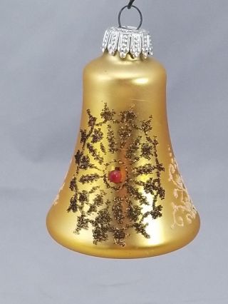 Vintage West Germany Christmas Ornament Mercury Glass Bell Gold Faux Ruby