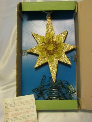 Vintage Christmas Tree Topper Gold Glitter Star Light Gold Tinsel 9 Light Box