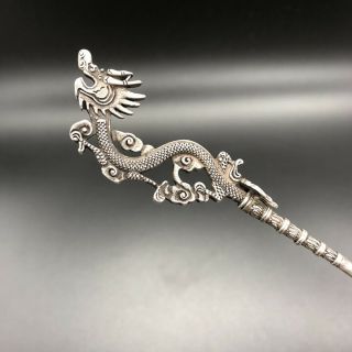 Chinese Old Tibetan Silver Copper Hand Carved Dragon Hairpin Statues