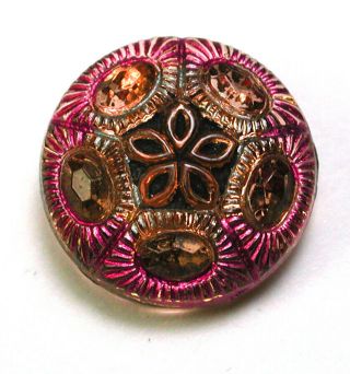 Bb Vintage Glass Button Coral W/ Mercury Back & Pink Paint Accents 1/2 " 1930s