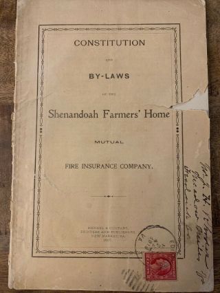 1907 Cons.  And Bylaws Of The Shenandoah Farmers Home " Mutual Fire Insurance Co "