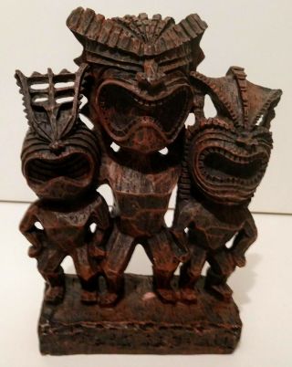 Ancient Hawaiian Island Tiki Figurine Of Three Gods: Long Life,  Money And Happy