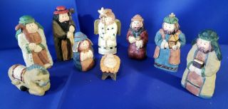 Vintage Carved Style Resin 9 Piece Folk Art Nativity 4 " Tall Hand Painted