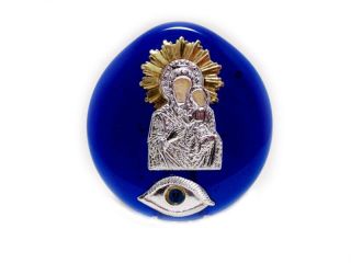 Vintage Orthodox Blue Glass Icon With Virgin Mary And The Child And God’s Eye