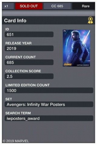 Topps Marvel Collect Infinity War Posters Set of 20 Digital Cards,  Cap Award 2