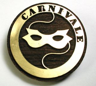 Bb Vintage Wood Commemorative Button W/ Brass Mask Carnivale Verbiage 1 & 1/2 "