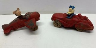 2 Vintage Sun Rubber Disney Toys Mickeys Air Mail Plane Donald Duck Pluto Car