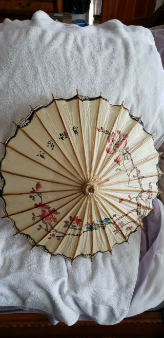 Vintage Rice Paper And Bamboo Japanese Parasol With Cherry Blossom Branch