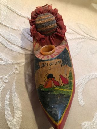 Vintage Wooden Clog Pin Cusion With Thimble From Belguim