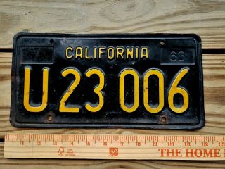 1963 California License Plate Tag Number U23006 Vintage Ca Black