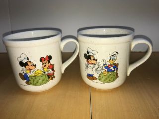 Set 2 Vtg Chef Mickey W Donald Minnie Disney Stoneware Ceramic Coffee Mug Cup