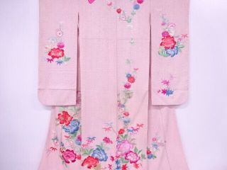 74041 Japanese Kimono / Antique Furisode / All Shibori / Embroidery / Flower