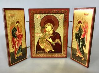 Mother Of God And Angels Orthodox Icon On Wood 20.  5x12.  5cm