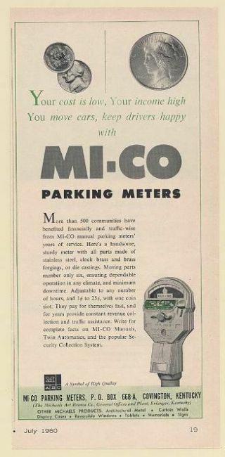 1960 Mi - Co Parking Meter Your Cost Is Low Your Income High Print Ad