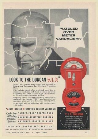 1960 Duncan V.  I.  P.  Parking Meter Puzzled Over Vandalism Print Ad