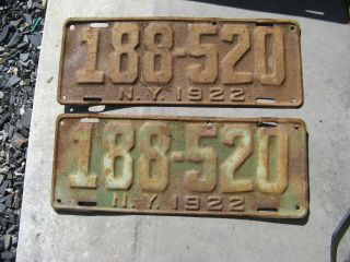 1922 22 York Ny License Plate Pair Set Rustic Antique 188 - 520