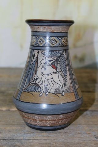 Sweet Vase Handmade & Painted With 3 White Deer Tonala Pottery Mexican Folk Art