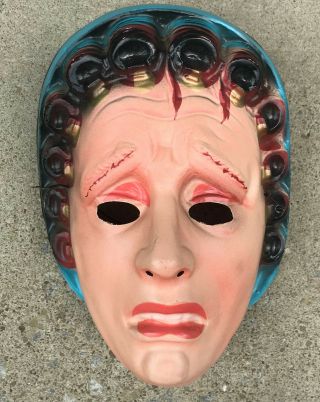 Vintage Plastic Adult Halloween Mask - Woman In Bloody Curlers - Usa