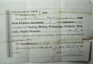 Vhtf 1850 Teachers Certificate - Mansfield,  Ohio - Richland County -