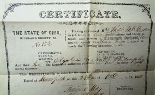 Vhtf 1853 Teachers Certificate - Mansfield,  Ohio - Richland County -