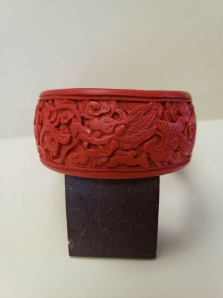 Coral Red Chinese Cinnabar Dragon Bangle Hand Carved Vintage Lacquer Bracelet