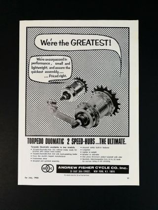 Vintage 1966 Andrew Fisher Cycle Torpedo Duomatic 2 Speed Hubs Full Page Ad