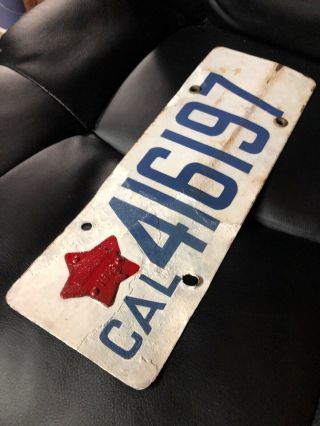 1919 Ca California Porcelain License Plate With Star Blue Red