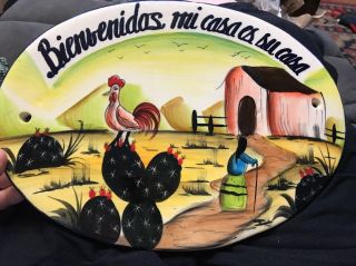 Mexican Hand Painted Ceramic Sign - Bienvenidos Mi Casa Es Su Casa - 13”x9” Oval