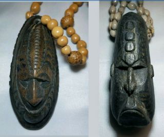 Sad Face & Shield Carved Wood Pendant Papua Guinea Mindimbit Shell Necklace
