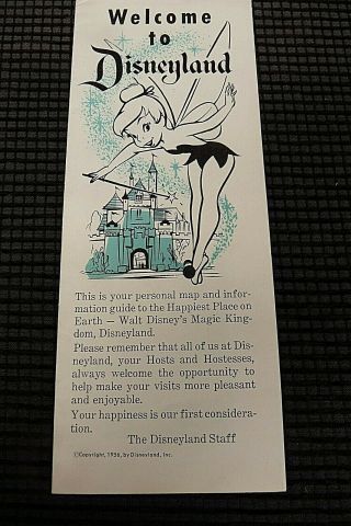 Vintage 1956 Disney Brochure Welcome To Disneyland Tinkerbell Souvenir Map