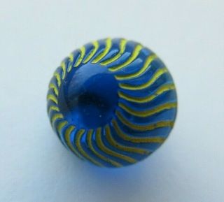 Brilliant Antique Vtg Sky Blue Glass Button Incised Canary Yellow Paint (f)