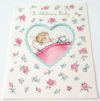Vtg Baby Card Sleeping Baby With Blue Bear Inside Cut Out Heart Norcross