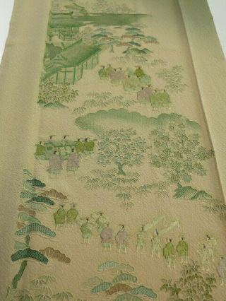 1t03z90 Japanese Kimono Silk Fabric Olive Daimyogyoretsu Embroidery 59.  1 "