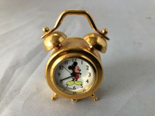 Disney Mickey Alarm Clock Miniature Brass Gold Tone Japan Movement
