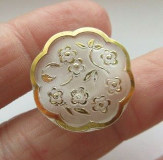 Antique Vtg Clear Frosted Glass Button Gold Luster Flowers 7/8 " (y)
