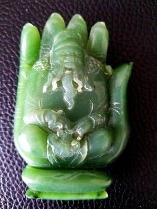 Vintage Chinese Unique Green Jade Sun Wukong Hand Of Buddha Figurine Carving