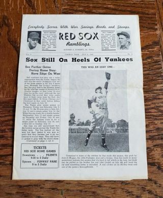 Rare 1942 Boston Red Sox Ramblings Fenway Park Newspaper Program Dimaggio Pesky