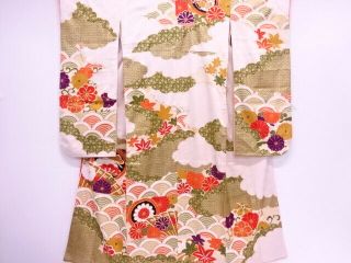 72877 Japanese Kimono / Antique Furisode / Embroidery / Cloud With Flower &