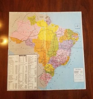1973 Vintage 15 " Map Of Brasil Brazil Foldout "