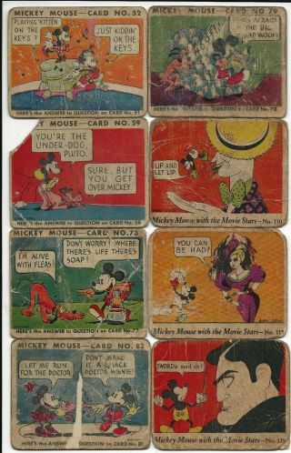 8 Mickey Mouse Bubble Gum Cards,  Numbers 52,  59,  73,  82,  79,  110,  115,  119