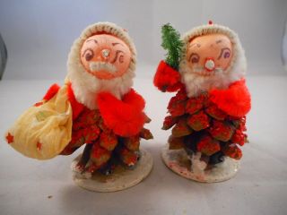 Set Of 2 Vintage Christmas Tree Ornaments Santa Claus Pine Cone Chenille